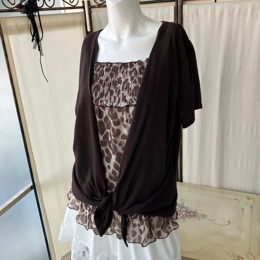 brown leopard shirring layered blouse
