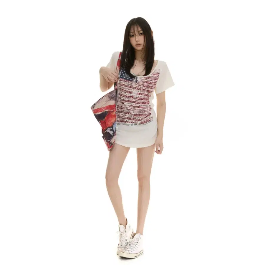 ITSDINN 티셔츠 반팔티 빈티지 스타일 프린트 루즈핏 롱 티셔츠