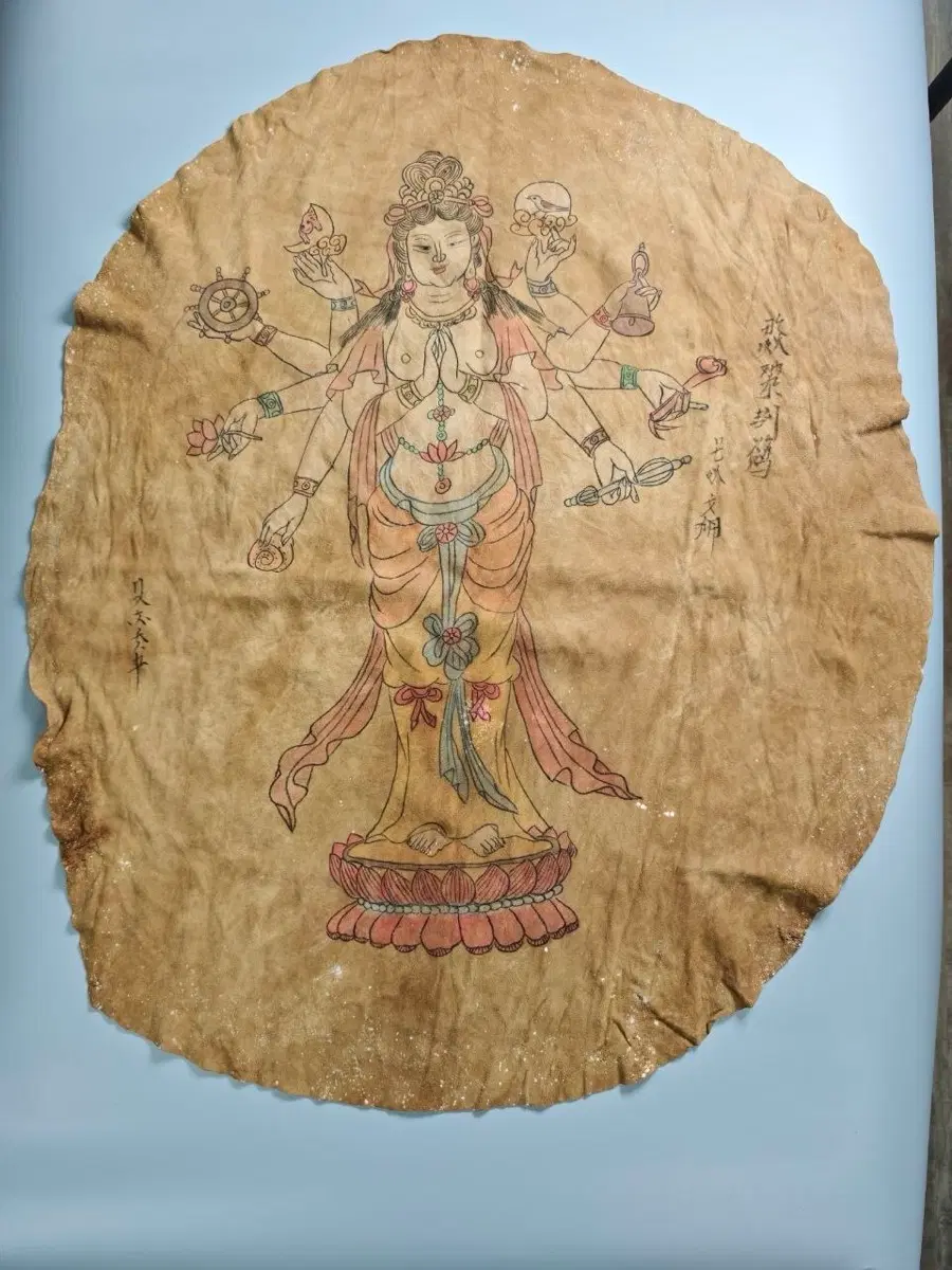 가죽 채색 천수관음보살 다비수 지물도 불화 중국골동품 불교