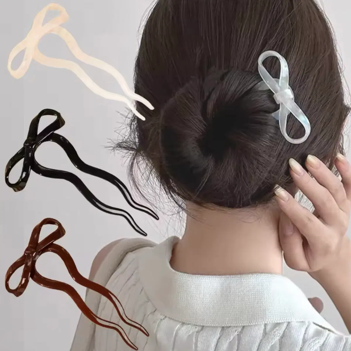 화이트 흰색 리본 비녀 집게핀 머리핀 헤어핀 곱창끈 머리끈 빈티지