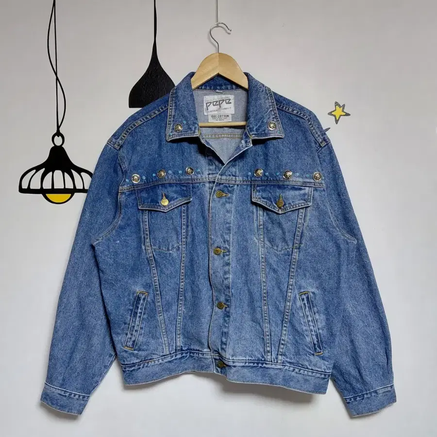 [1986 Vintage/L] PEPE WENSLEY 80s 홍콩제 터키석 스터드 데님 자켓