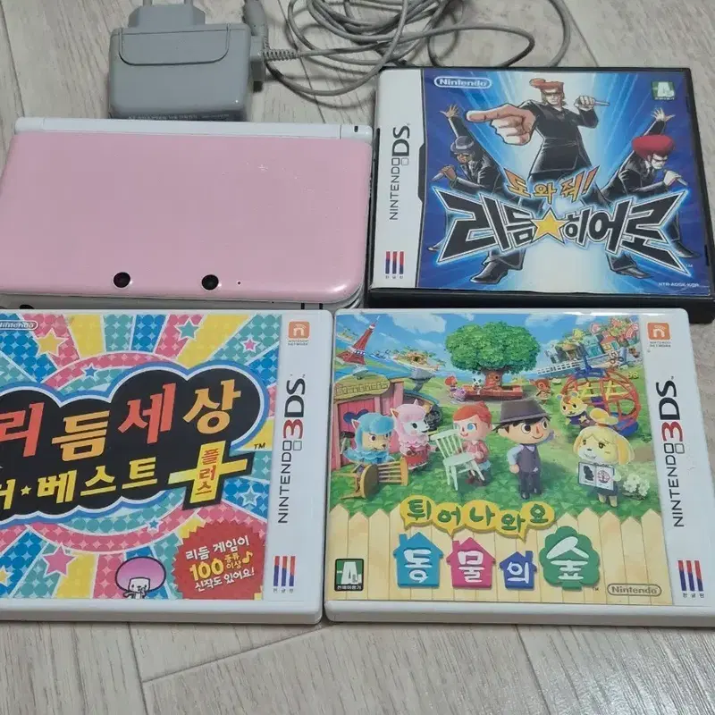 닌텐도 3ds xl 핑크, 충전기, 튀동숲, 리듬히어로, 리듬세상더베스트플러스