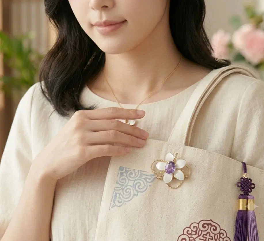 천연 컷팅 자수정 브로치 칠보공예 가방장식 목걸이 선물