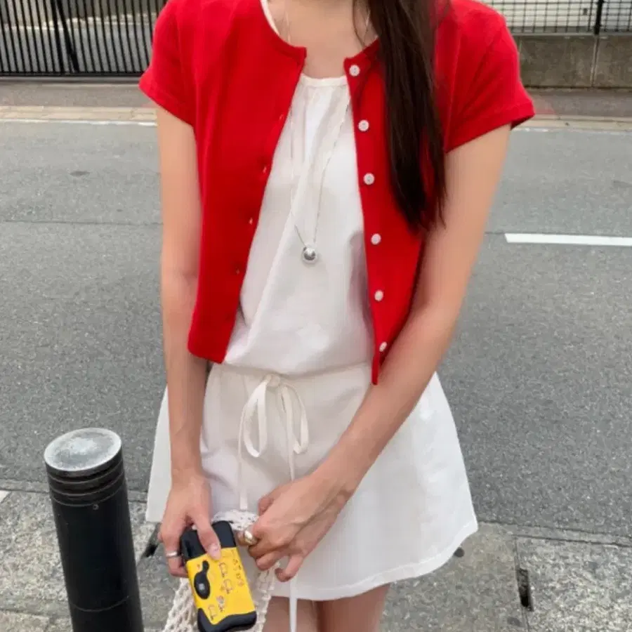 펀칭 반팔 가디건 레드