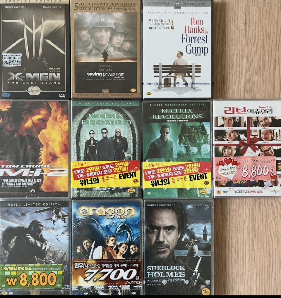 DVD 새상품 일괄판매 (엑스맨 3/라이언일병구하기/미션임파셔블2/포레스트검프/매트릭스2/매트릭스3/킹콩/에라곤/러브액츄얼리/셜록홈즈 그림자게임)