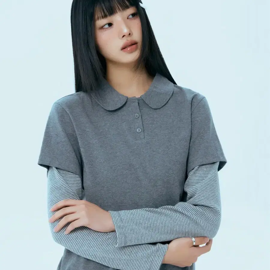 미쏘 카라 스트라이프 레이어드 티셔츠 그레이