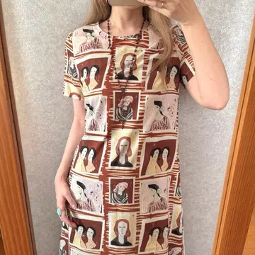 used 초상화 모티브 아트 패턴 원피스 반팔 빈티지 레트로 구제 의류