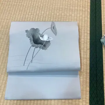 법사용 나고야 오비 연꽃 문양 그레이 바탕 순수 실크