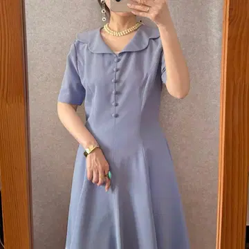 빈티지 레트로 구제 의류 스캘럽 칼라 싸개 단추 플레어 원피스 반팔