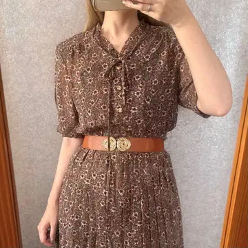 vintage 빈티지 레트로 구제 의류 넥 리본 꽃무늬 원피스 반팔 브라운 계열