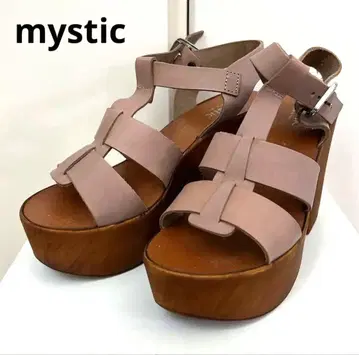 새상품 미사용 mystic 천연 가죽 통굽 웨지 샌들 38