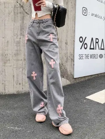 크로스 자수 와펜 와이드 데님 팬츠