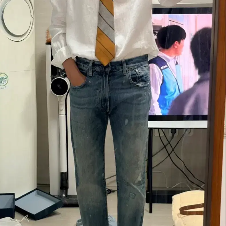 정품 지방시 이태리 명품넥타이 스트라이프 실크100% 옐로우&그레이 대검폭8