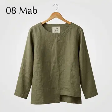 08Mab 린넨 100% 아지메 변형 블라우스 카키 여성용