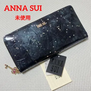 미사용 ANNA SUI 패턴트 레더 라운드 지퍼 장지갑 다크 네이비 키 참