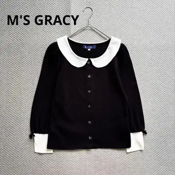 컨디션 최상 M'S GRACY 카라 부착 가디건 플라워 모티브 버튼 38