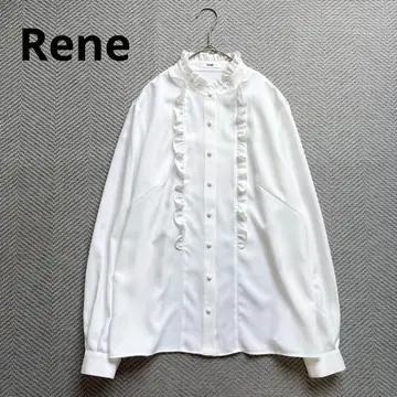컨디션 최상 Rene 스탠드 카라 프릴 블라우스 최근 모델 화이트 긴팔