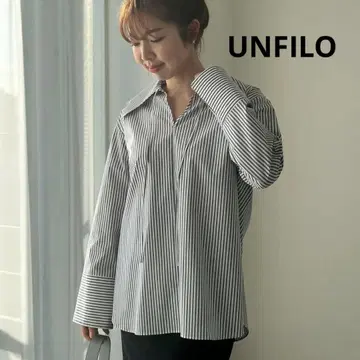 컨디션 최상 UNFILO 스키퍼 롱 셔츠 네이비 스트라이프 보타이 S