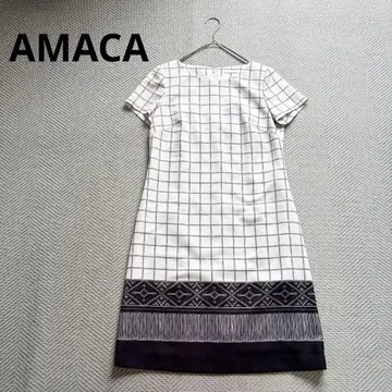 컨디션 최상 AMACA 아마카 체크 무늬 반팔 롱 원피스 38 화이트 계열
