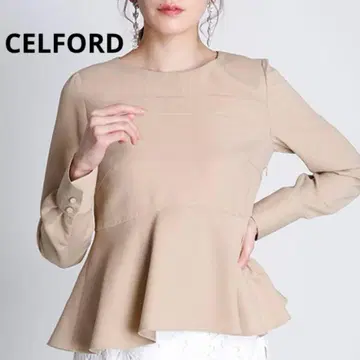 컨디션 최상 CELFORD 베어 디자인 페플럼 블라우스 베이지 긴팔 36
