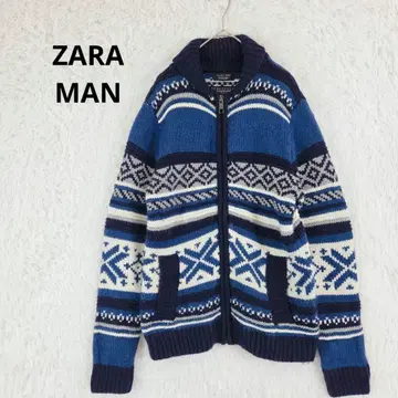 ZARA MAN 총무늬 니트 지퍼 가디건 풀 집업 S 블루 울 혼방