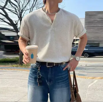 와플 소재 헨리넥 반팔 티셔츠 남성용 M 화이트 한국 패션
