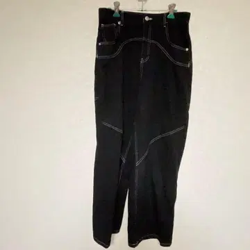 룰루스 와이드 팬츠 와이드 화이트 스티치 S 블랙 면 외출 데일리