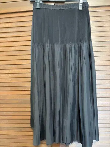owauno 블랙 플리츠 롱 스커트 허리밴딩