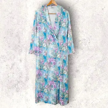 다마르 꽃무늬 프릴 옷깃 롱 가운 M 스카이블루 보라색 그린 폴리에스테르