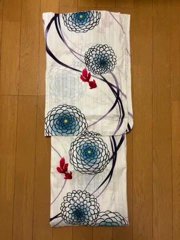 유카타 단품 화이트 빨간색 스카이블루 금붕어 꽃