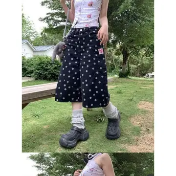 당일 발송 구제 의류 도트 하프 팬츠 와이드 y2k 데님