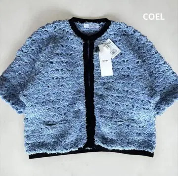 새상품급 COEL 코엘 리본 테이프 가디건 반팔 블루 볼륨 소매