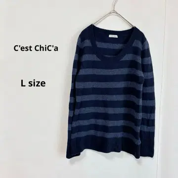 C'est ChiC'a 캐시미어 100% 니트 L 보더 네이비 긴팔