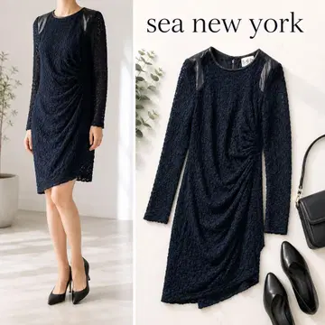 C NEW YORK 가죽 절개 미니 원피스 사이드 개더 타이트 블랙