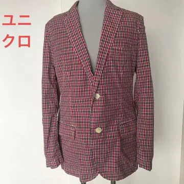 유니클로 프리미어 코튼 테일러드 자켓 빨간색과 화이트 체크 무늬