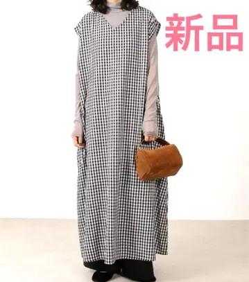 새상품 emesuelee 린넨 레이온 V넥 체크 원피스 린넨 롱