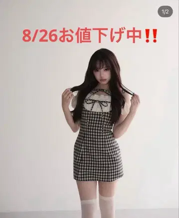 [ bunnylis ] 오프숄더 레이스업 깅엄 원피스 S