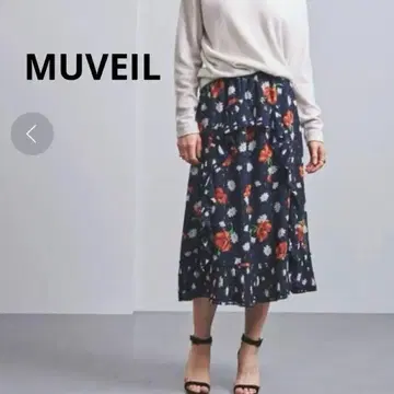 MUVEIL 뮤베르 아네모네 프린트 플리츠 배색 스커트 36 네이비