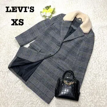 리바이스 체크 무늬 롱 코트 퍼 양모 캐주얼 뷰티풀 XS