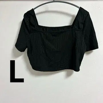 스퀘어 넥 리브 티셔츠 L 블랙 반팔 숏 기장 한국