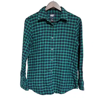 LANDS END 남성용 체크 셔츠 긴팔 그린 캐주얼 셔츠 M