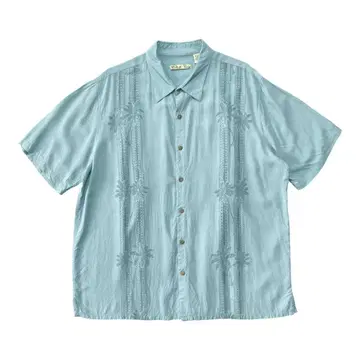 USA 구제 의류 Batik Bay 레이온 하와이안 셔츠 야자수 패턴 블루