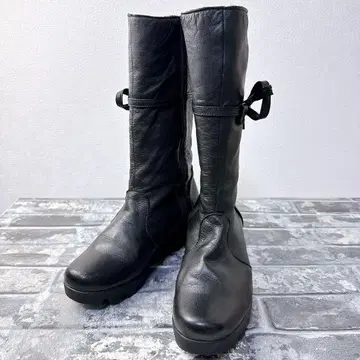 LUPUY [ 22.5cm ] 여성용 가죽 롱 부츠 블랙 리본 포함