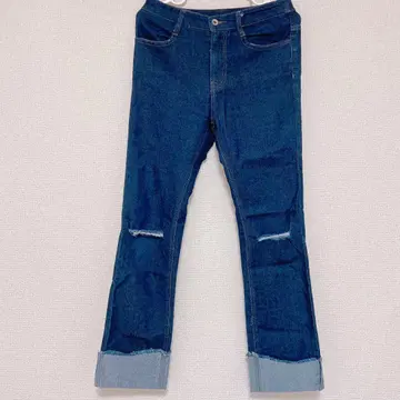 w closet 데미지 데님 스트레이트 팬츠 롤업