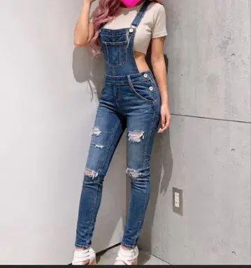 GYDA 데미지 데님 스키니 멜빵바지 블루 M 사이즈