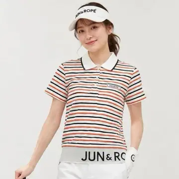 준앤로페 반팔 피케 셔츠 M 자카드 보더 화이트 오렌지