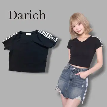 [새상품급] Darich 반팔 T셔츠 블랙 라인 로고 V넥 짧은 기장 핏