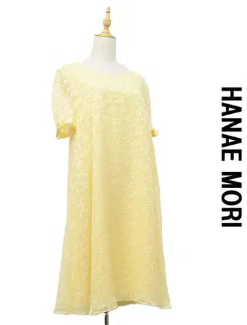 T377/새상품급 HANAE MORI 무릎 기장 플레어 원피스 꽃무늬 반팔 9 노랑