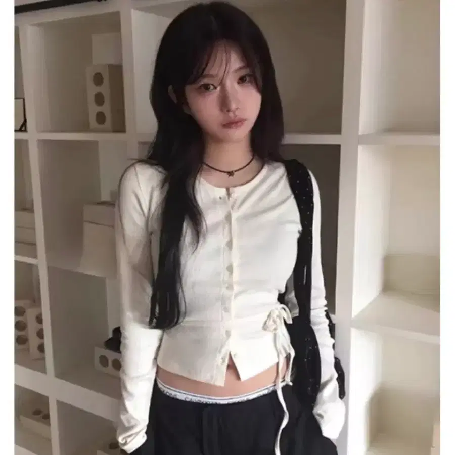 크림 허리 스트랩 가디건