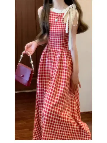 S 사이즈 어깨 리본 포함 빨간색 체크 슬리브리스 롱 원피스